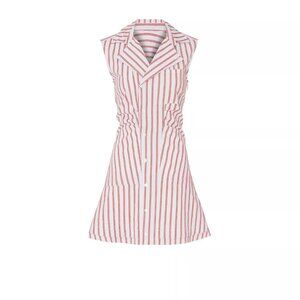 DEREK LAM 10 CROSBY Blue/Red Striped Dress Ruffle Shirtdress Sleeveless - Sz 16